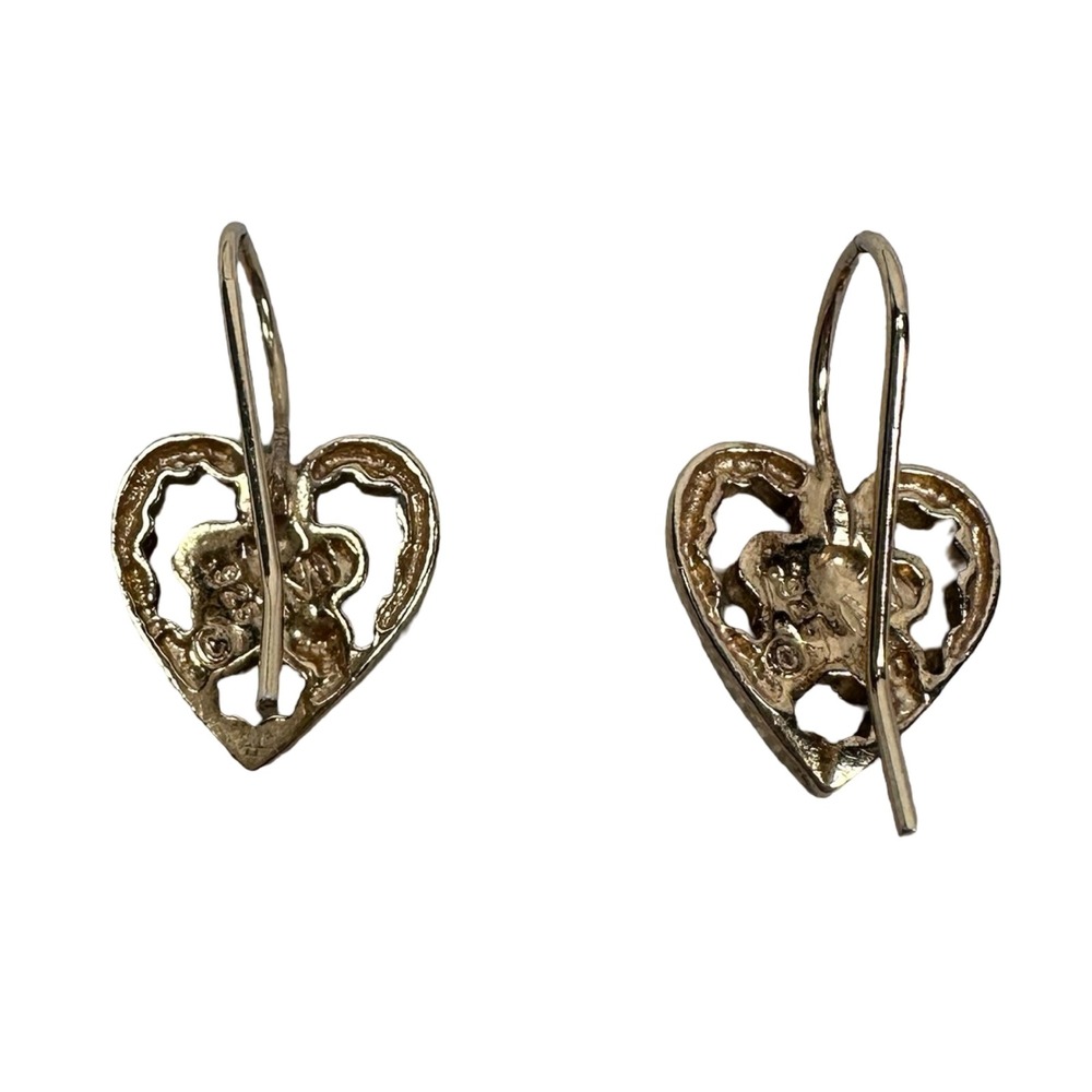 Vintage‎ Sterling Silver Yellow Gold Tone Heart Flower Dangle Ear Wire Earrings - Picture 2 of 5